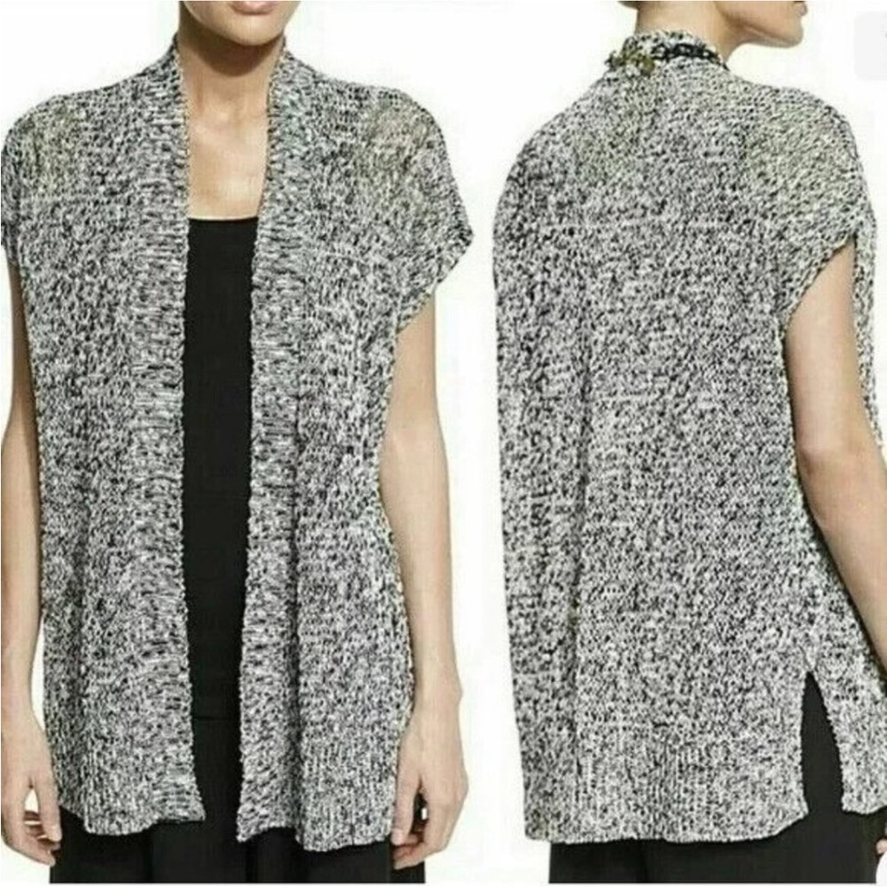 Eileen Fisher Linen Blend Cardigan Open Black/White